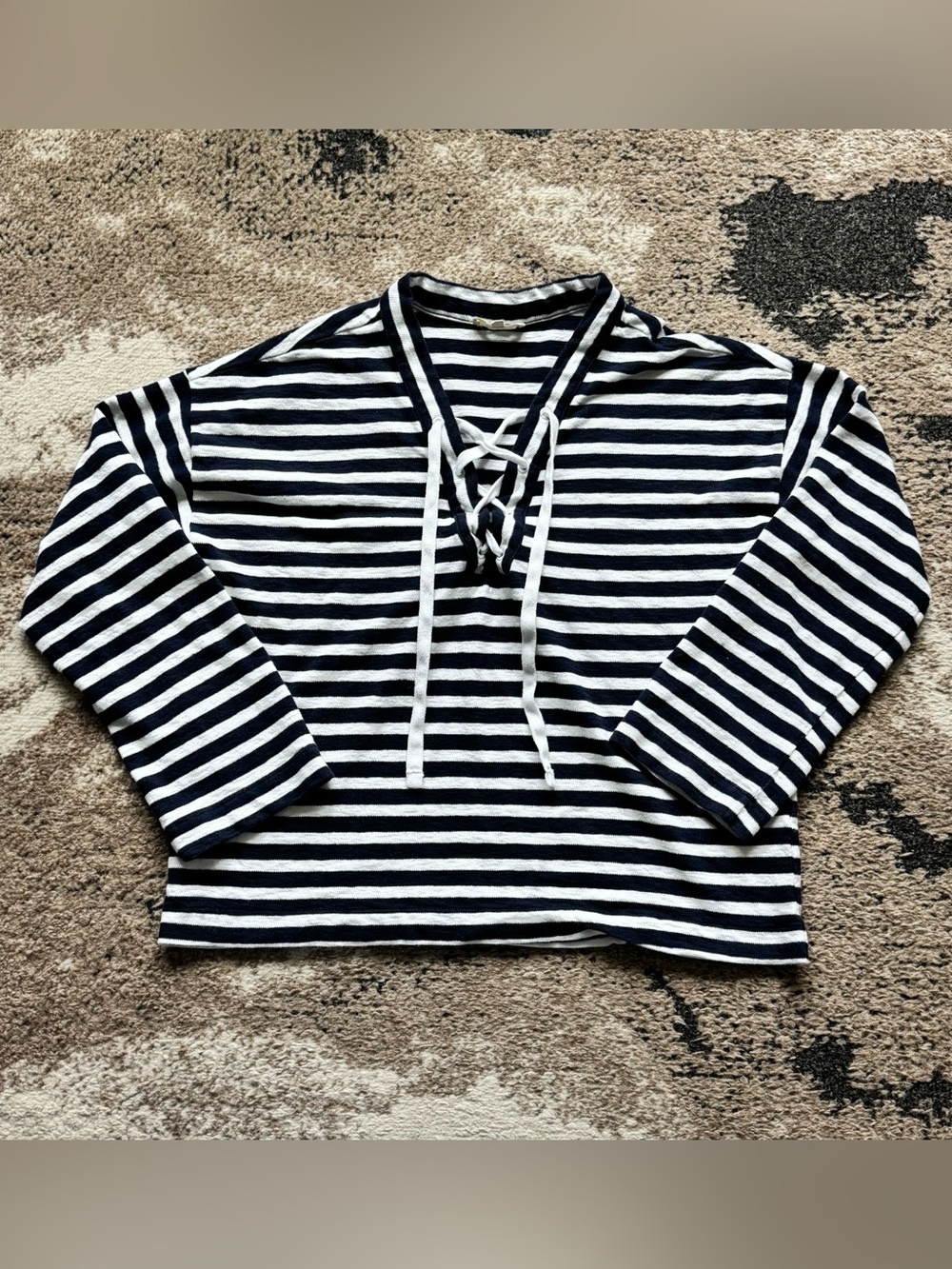 Madewell Womens Navy and White Striped Henley Lace-Up Long-Sleeve Top